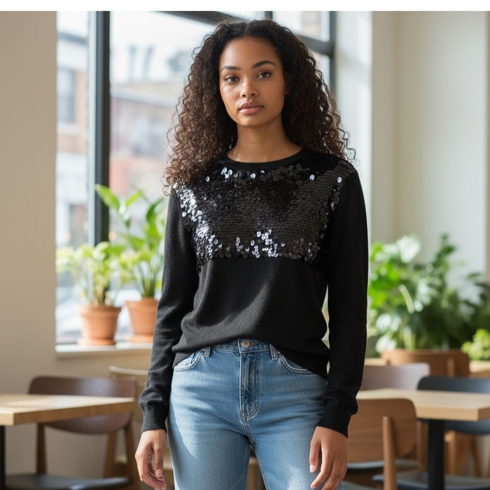 H&M Women's Black Sequin Embellished Knit Sweater Size S